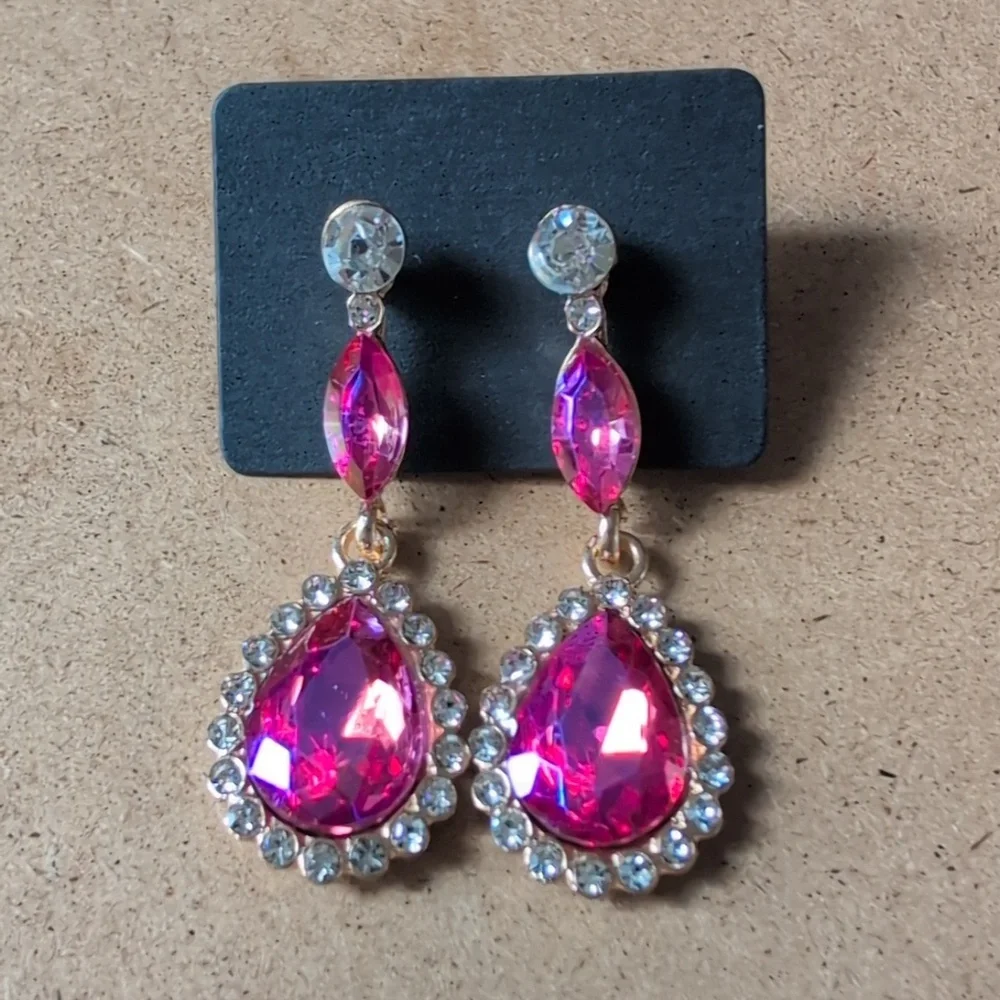 Pink and Gold Dangle Earrings with Sparkling Accents